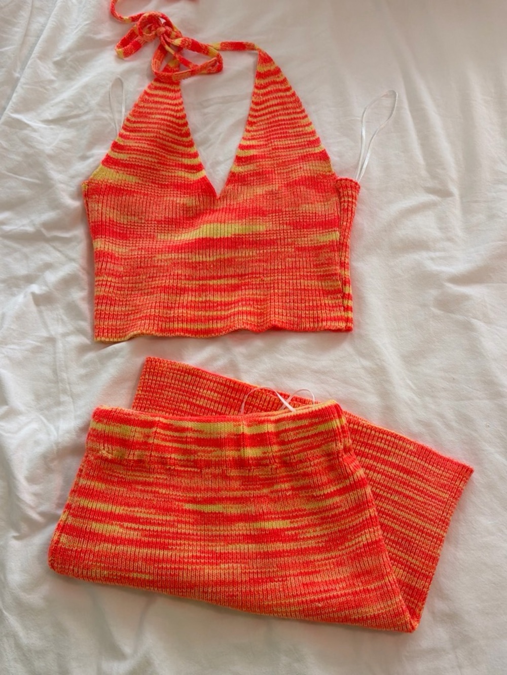 Princess Polly Neon Orange & Yellow Knit Halter Top and Skirt Set